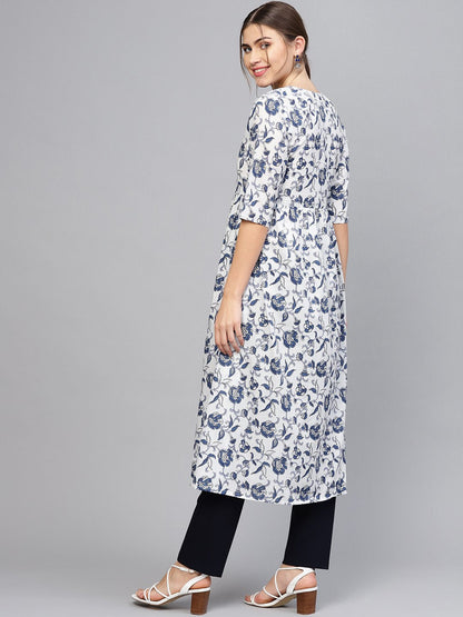 Women White & Blue Printed A-Line Kurta | LASVINI - Redefining Indian Fashion with Elegance