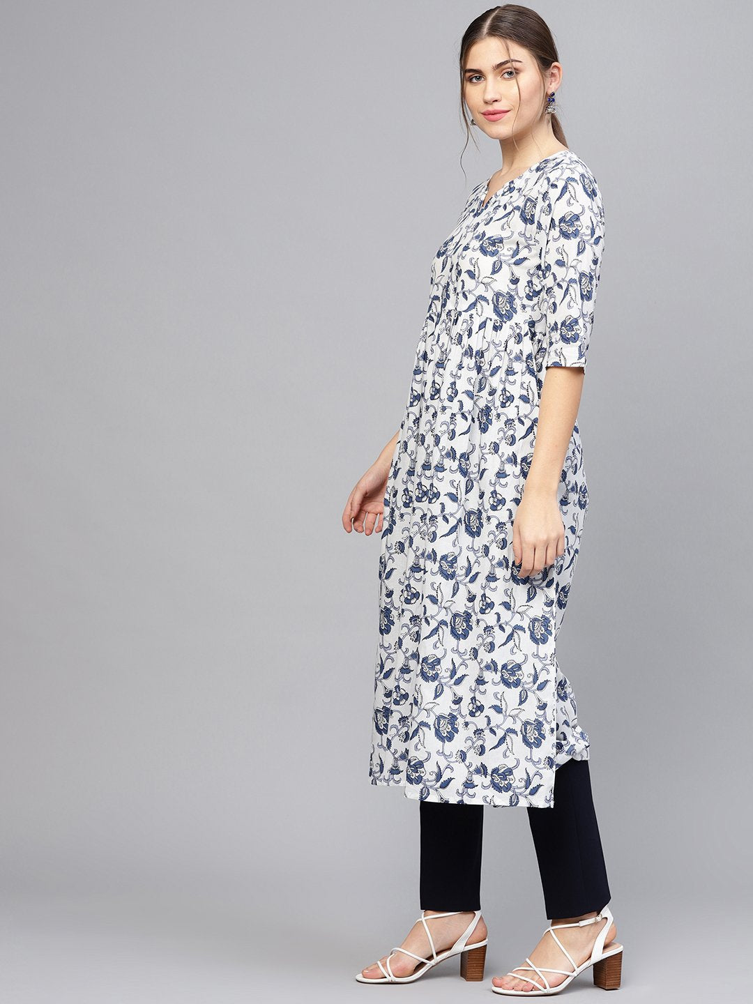 Women White & Blue Printed A-Line Kurta | LASVINI - Redefining Indian Fashion with Elegance