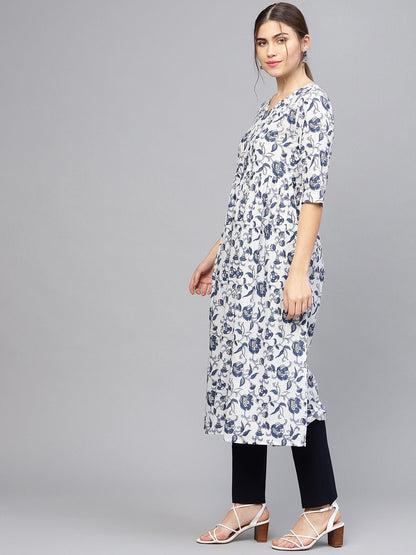 Women White & Blue Printed A-Line Kurta | LASVINI - Redefining Indian Fashion with Elegance