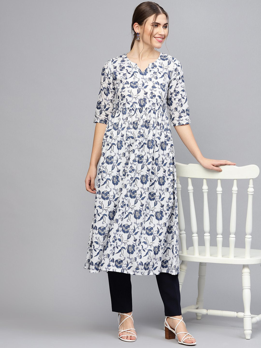 Women White & Blue Printed A-Line Kurta | LASVINI - Redefining Indian Fashion with Elegance