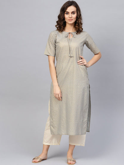Women Grey Short Sleeves Keyhole Neck Straight Pure Cotton Kurta And Trousers Set | LASVINI - Redefining Indian Fashion with Elegance