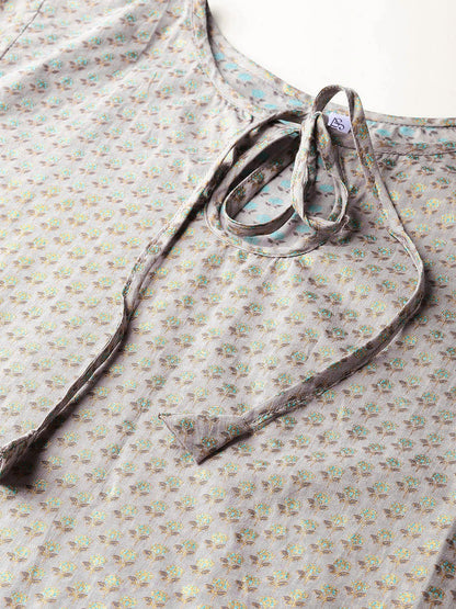 Women Grey Short Sleeves Keyhole Neck Straight Pure Cotton Kurta And Trousers Set | LASVINI - Redefining Indian Fashion with Elegance