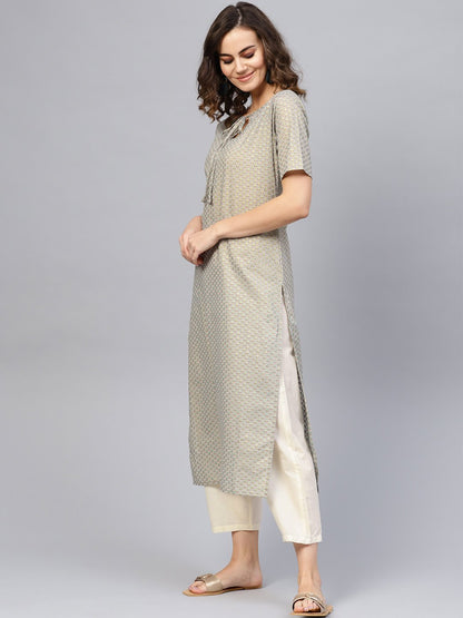 Women Grey Short Sleeves Keyhole Neck Straight Pure Cotton Kurta And Trousers Set | LASVINI - Redefining Indian Fashion with Elegance
