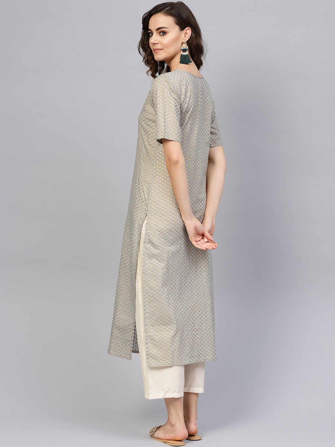 Women Grey Short Sleeves Keyhole Neck Straight Pure Cotton Kurta And Trousers Set | LASVINI - Redefining Indian Fashion with Elegance