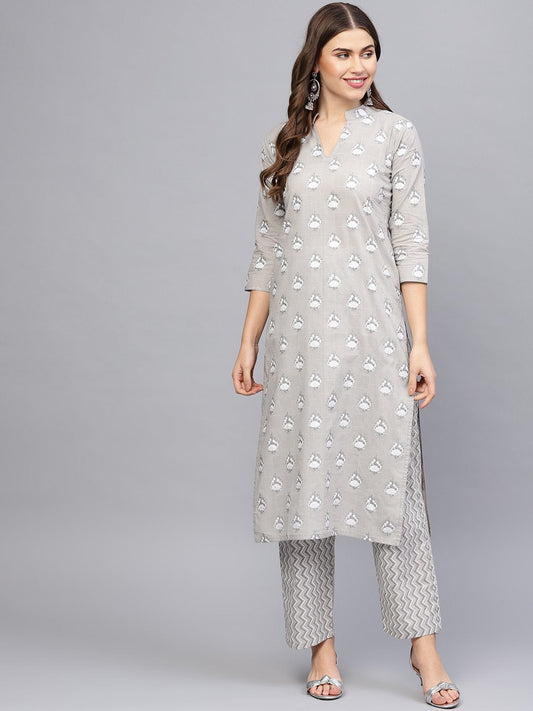 Women Grey & Off-White Printed Kurta With Trousers | LASVINI - Redefining Indian Fashion with Elegance