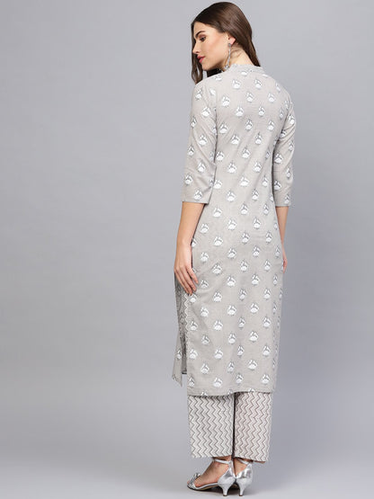 Women Grey & Off-White Printed Kurta With Trousers | LASVINI - Redefining Indian Fashion with Elegance