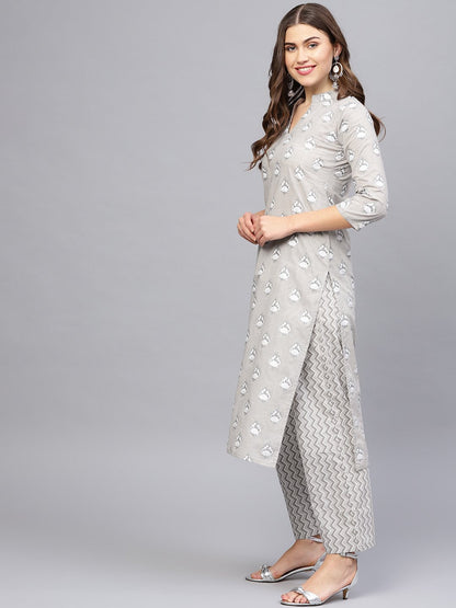 Women Grey & Off-White Printed Kurta With Trousers | LASVINI - Redefining Indian Fashion with Elegance