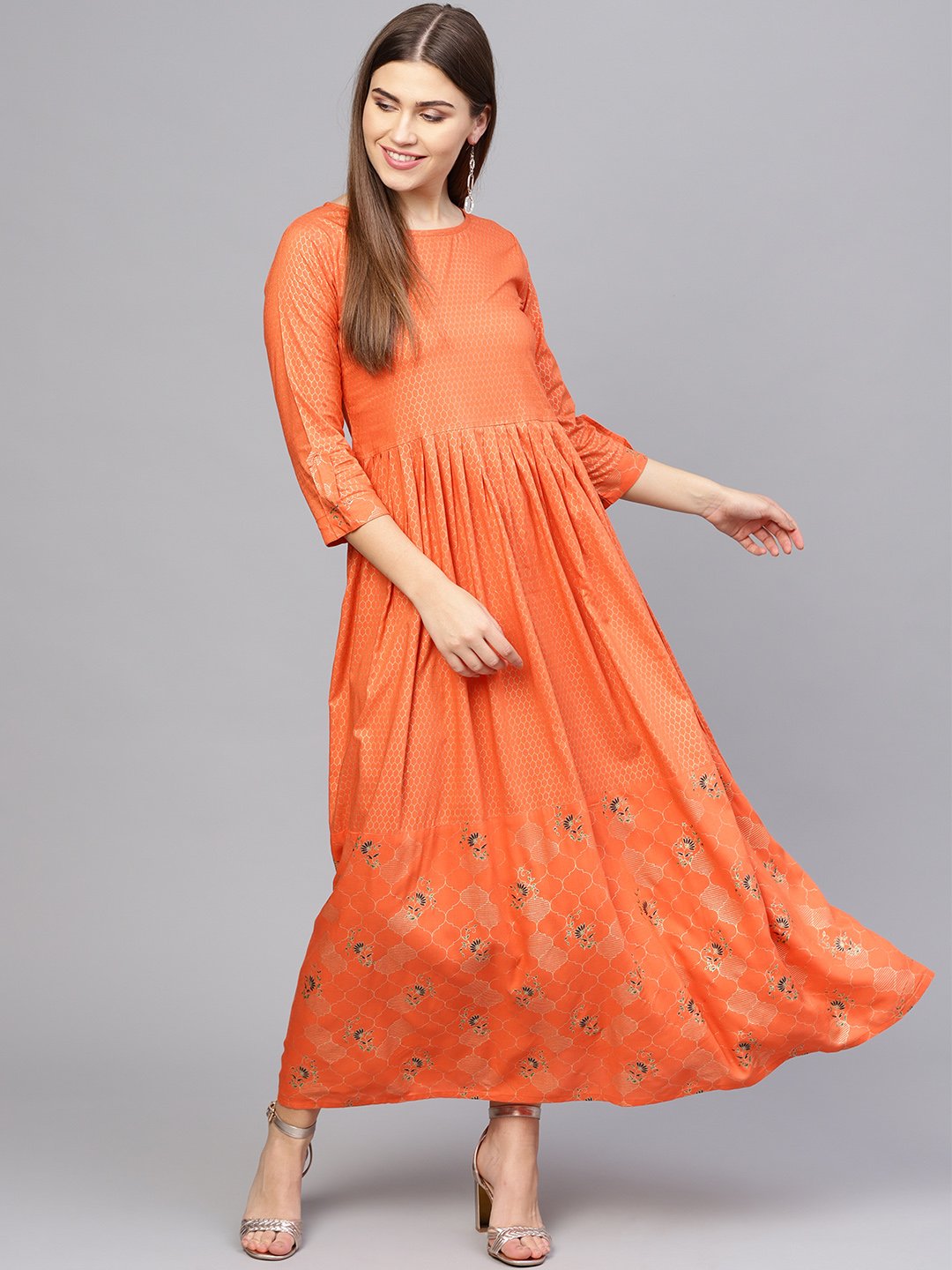 Women Orange & Golden Printed Maxi Dress | LASVINI - Redefining Indian Fashion with Elegance