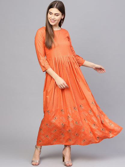 Women Orange & Golden Printed Maxi Dress | LASVINI - Redefining Indian Fashion with Elegance