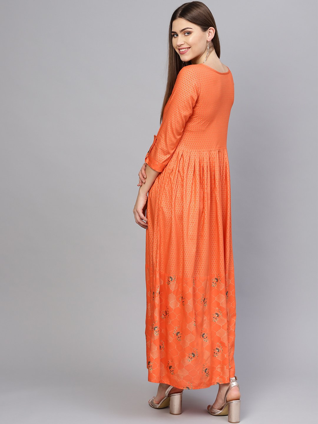Women Orange & Golden Printed Maxi Dress | LASVINI - Redefining Indian Fashion with Elegance
