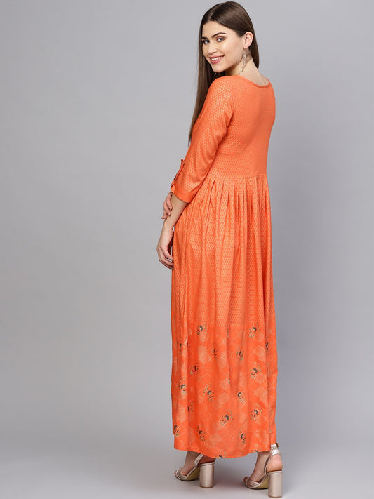 Women Orange & Golden Printed Maxi Dress | LASVINI - Redefining Indian Fashion with Elegance