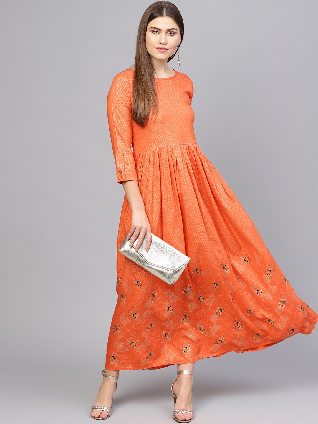 Women Orange & Golden Printed Maxi Dress | LASVINI - Redefining Indian Fashion with Elegance