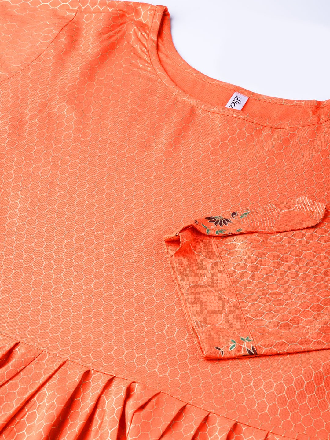 Women Orange & Golden Printed Maxi Dress | LASVINI - Redefining Indian Fashion with Elegance