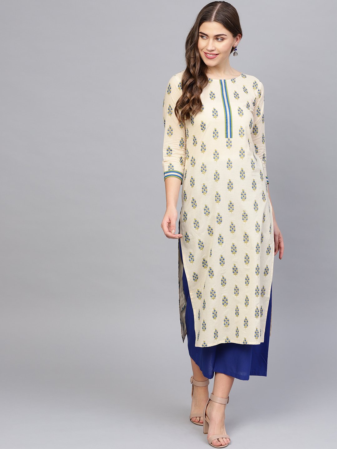 Women Cream-Coloured & Blue Printed Kurta With Palazzos | LASVINI - Redefining Indian Fashion with Elegance