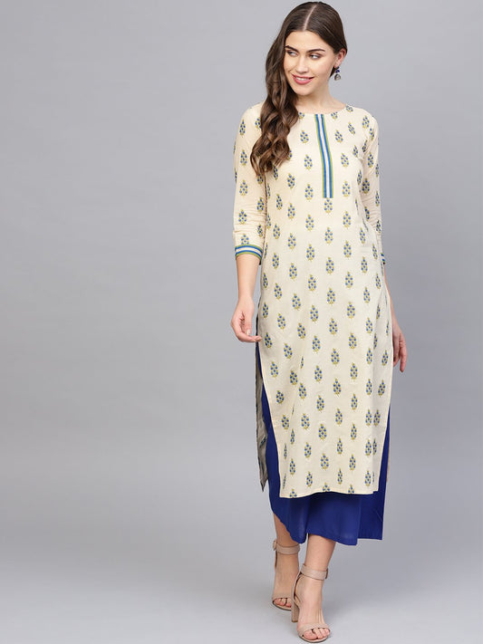 Women Cream-Coloured & Blue Printed Kurta With Palazzos | LASVINI - Redefining Indian Fashion with Elegance