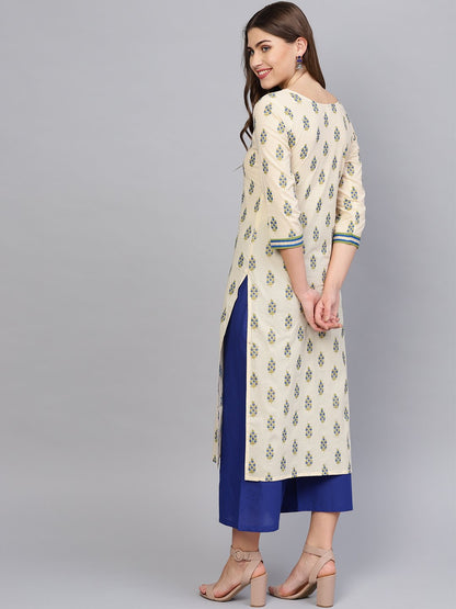 Women Cream-Coloured & Blue Printed Kurta With Palazzos | LASVINI - Redefining Indian Fashion with Elegance