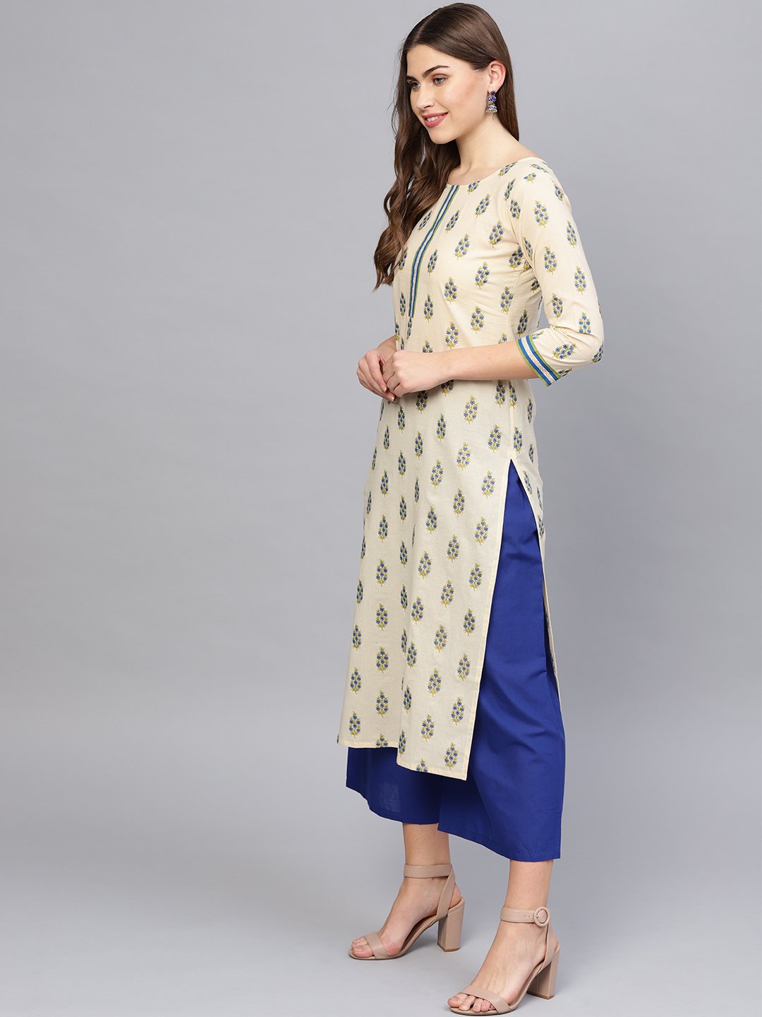 Women Cream-Coloured & Blue Printed Kurta With Palazzos | LASVINI - Redefining Indian Fashion with Elegance