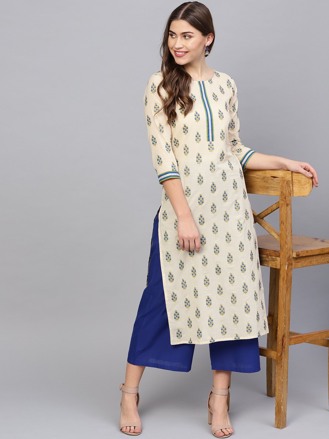 Women Cream-Coloured & Blue Printed Kurta With Palazzos | LASVINI - Redefining Indian Fashion with Elegance