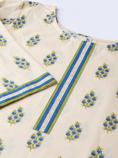 Women Cream-Coloured & Blue Printed Kurta With Palazzos | LASVINI - Redefining Indian Fashion with Elegance