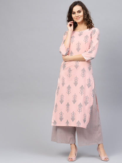 Women Pink & Teal Blue Printed Kurta With Palazzos | LASVINI - Redefining Indian Fashion with Elegance