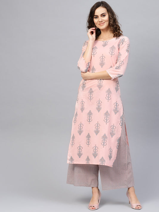 Women Pink & Teal Blue Printed Kurta With Palazzos | LASVINI - Redefining Indian Fashion with Elegance