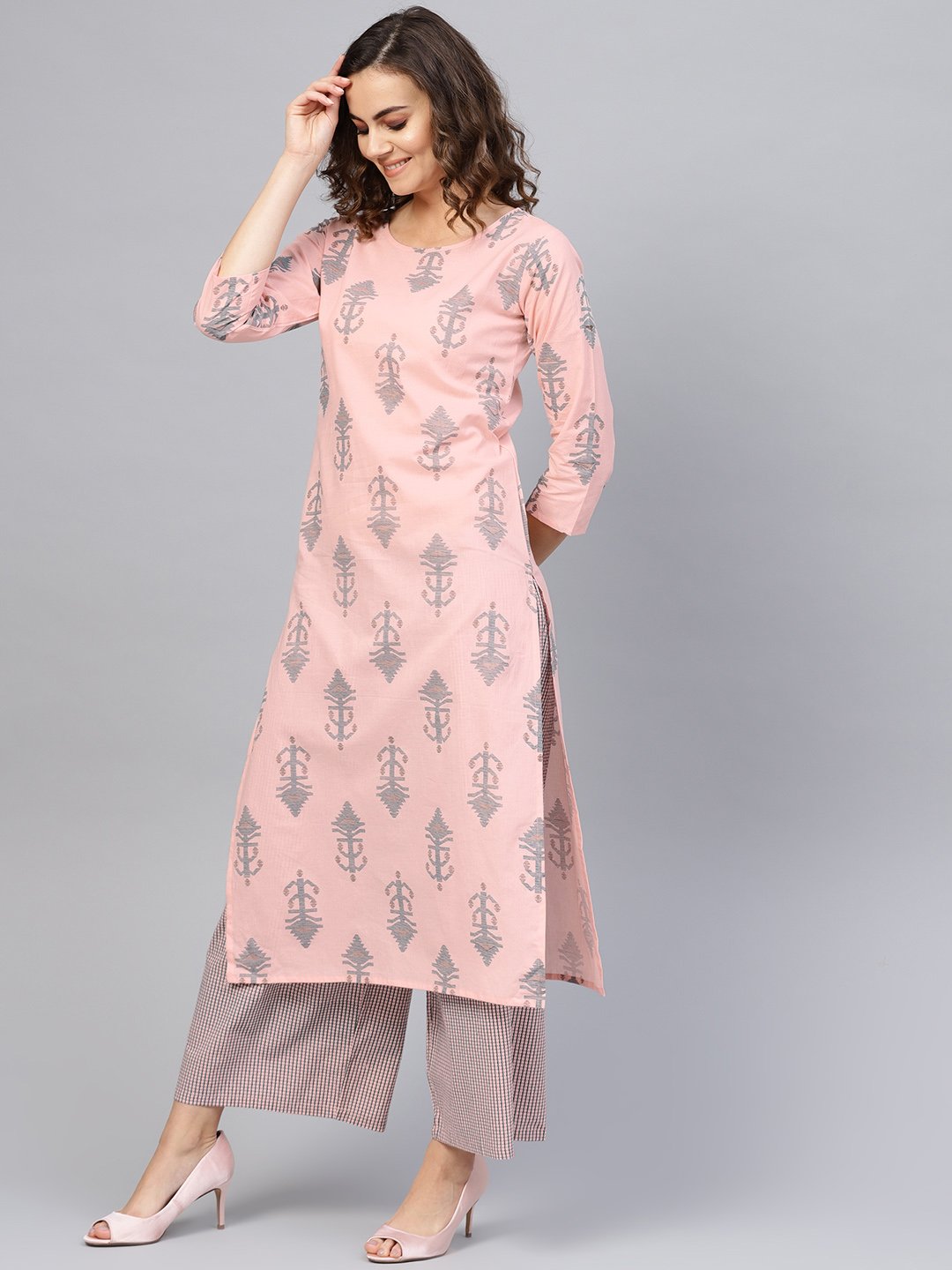 Women Pink & Teal Blue Printed Kurta With Palazzos | LASVINI - Redefining Indian Fashion with Elegance