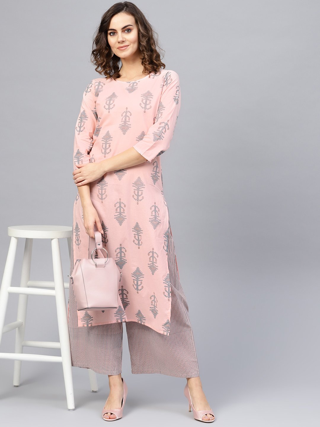 Women Pink & Teal Blue Printed Kurta With Palazzos | LASVINI - Redefining Indian Fashion with Elegance