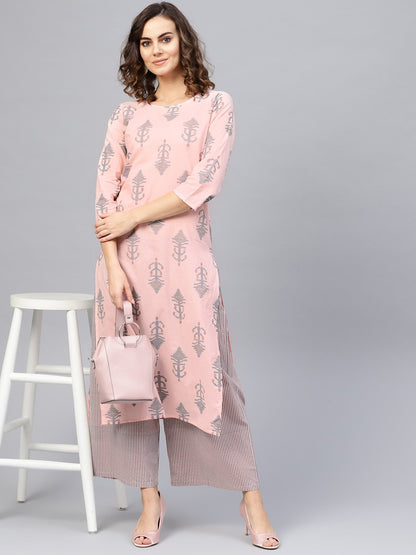 Women Pink & Teal Blue Printed Kurta With Palazzos | LASVINI - Redefining Indian Fashion with Elegance