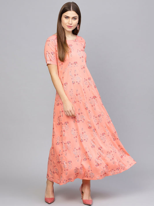 Women Peach-Coloured Printed Maxi Dress | LASVINI - Redefining Indian Fashion with Elegance