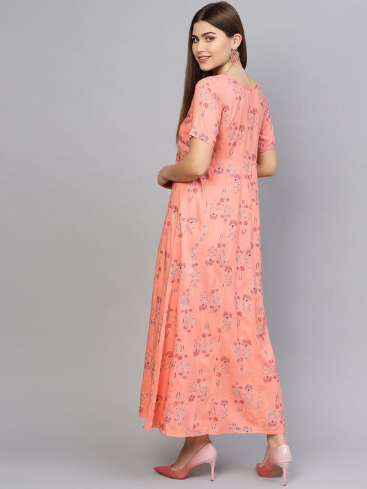 Women Peach-Coloured Printed Maxi Dress | LASVINI - Redefining Indian Fashion with Elegance