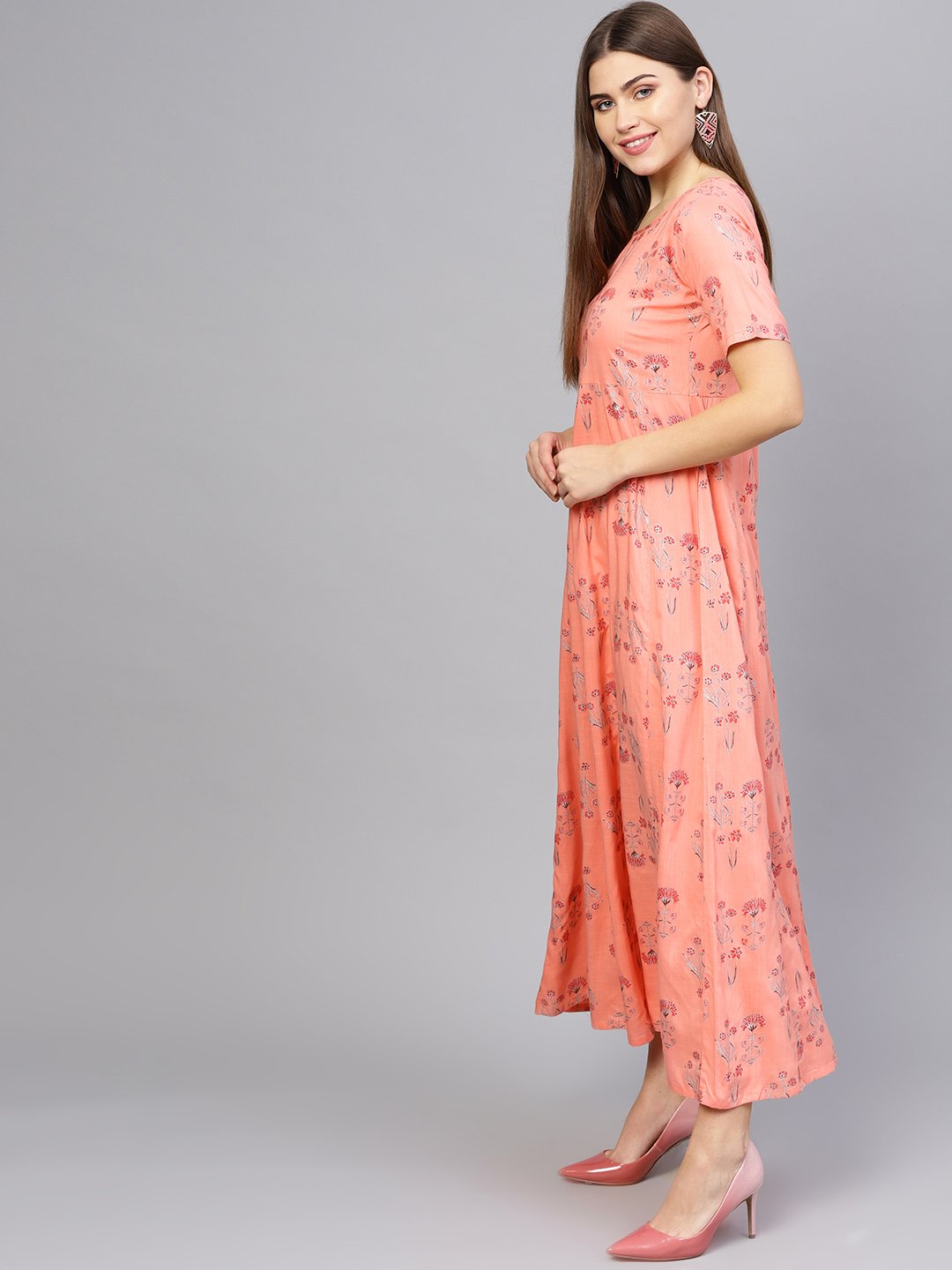 Women Peach-Coloured Printed Maxi Dress | LASVINI - Redefining Indian Fashion with Elegance