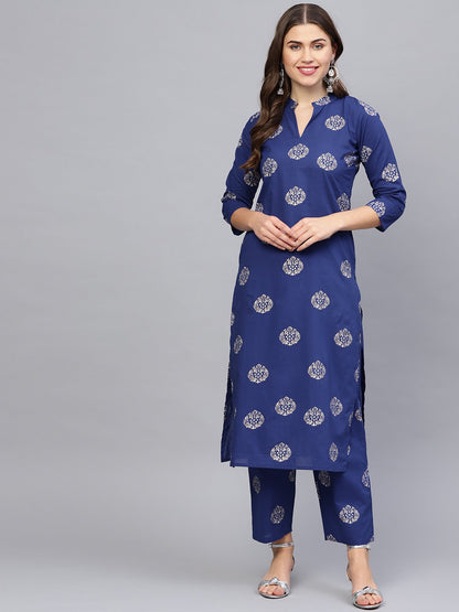 Women Blue & Golden Printed Kurta With Palazzos | LASVINI - Redefining Indian Fashion with Elegance