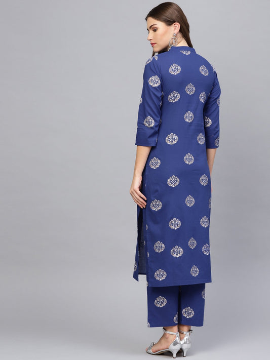 Women Blue & Golden Printed Kurta With Palazzos | LASVINI - Redefining Indian Fashion with Elegance