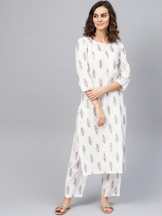 Women Off-White & Golden Printed Kurta With Trousers | LASVINI - Redefining Indian Fashion with Elegance