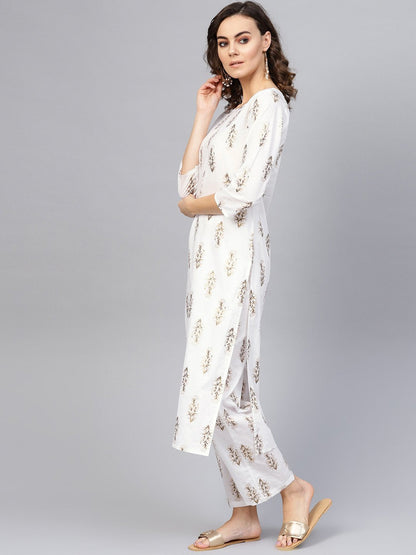 Women Off-White & Golden Printed Kurta With Trousers | LASVINI - Redefining Indian Fashion with Elegance