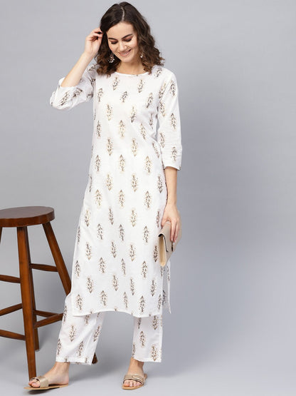 Women Off-White & Golden Printed Kurta With Trousers | LASVINI - Redefining Indian Fashion with Elegance