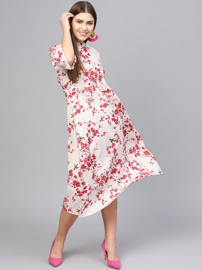 Women Off-White & Pink Printed Empire Dress | LASVINI - Redefining Indian Fashion with Elegance