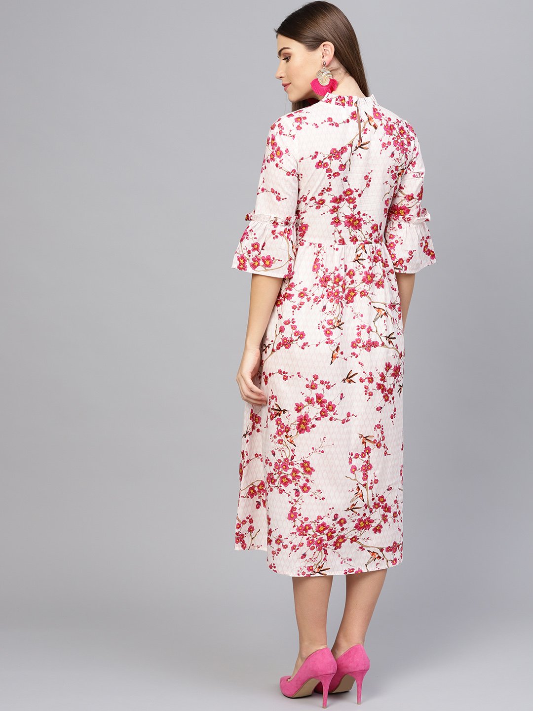 Women Off-White & Pink Printed Empire Dress | LASVINI - Redefining Indian Fashion with Elegance