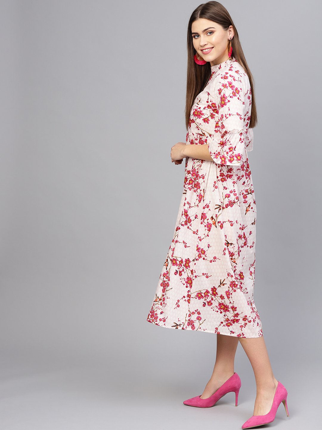 Women Off-White & Pink Printed Empire Dress | LASVINI - Redefining Indian Fashion with Elegance