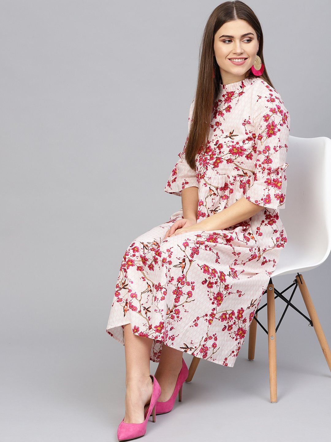 Women Off-White & Pink Printed Empire Dress | LASVINI - Redefining Indian Fashion with Elegance