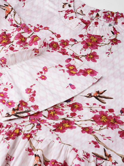 Women Off-White & Pink Printed Empire Dress | LASVINI - Redefining Indian Fashion with Elegance