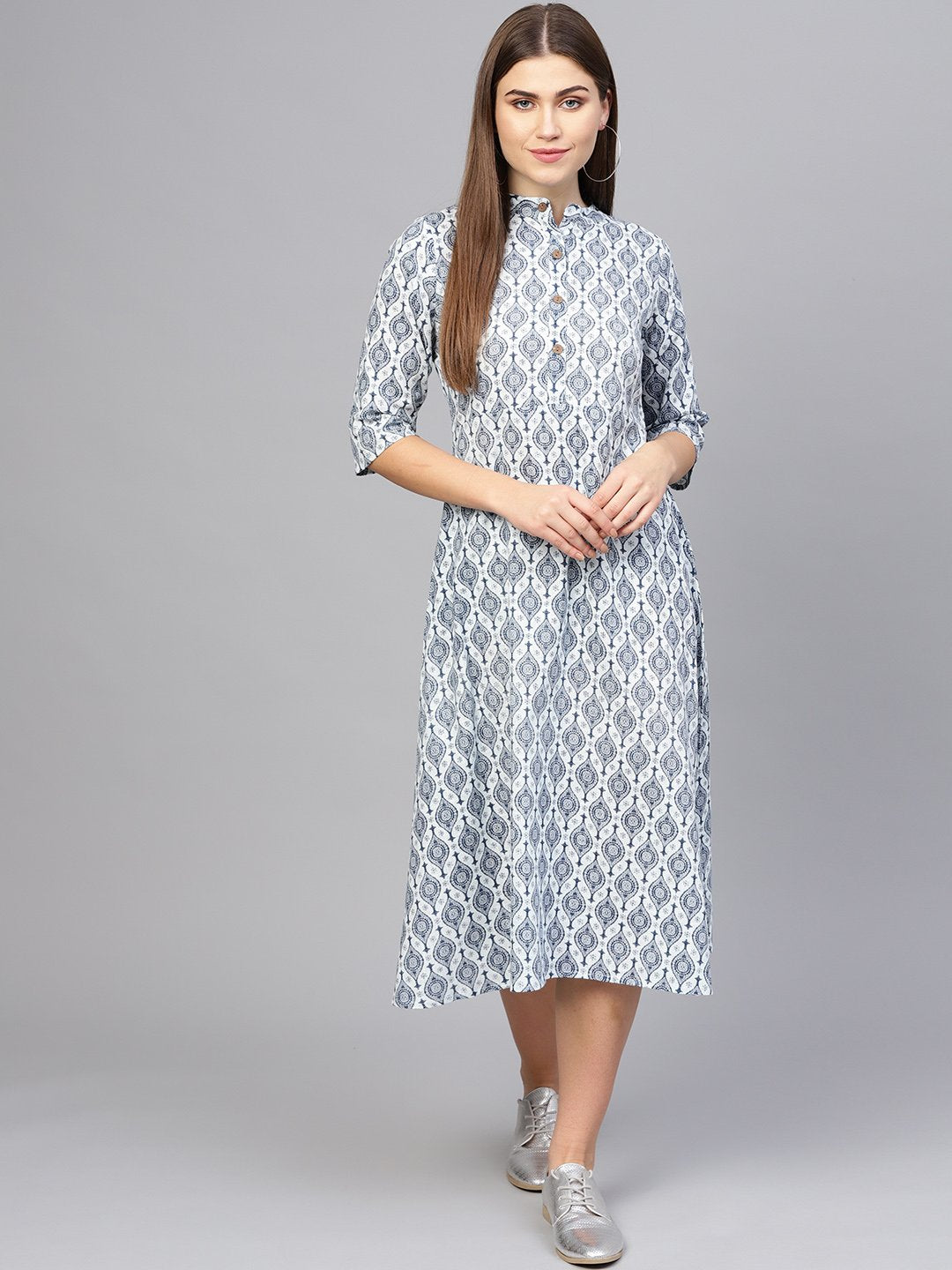 Women Navy Blue & Off-White Printed A-Line Dress | LASVINI - Redefining Indian Fashion with Elegance