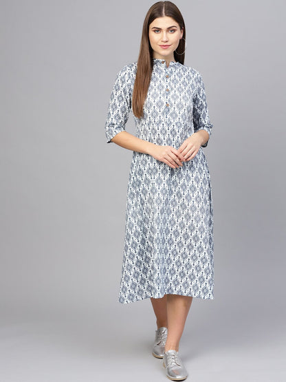 Women Navy Blue & Off-White Printed A-Line Dress | LASVINI - Redefining Indian Fashion with Elegance