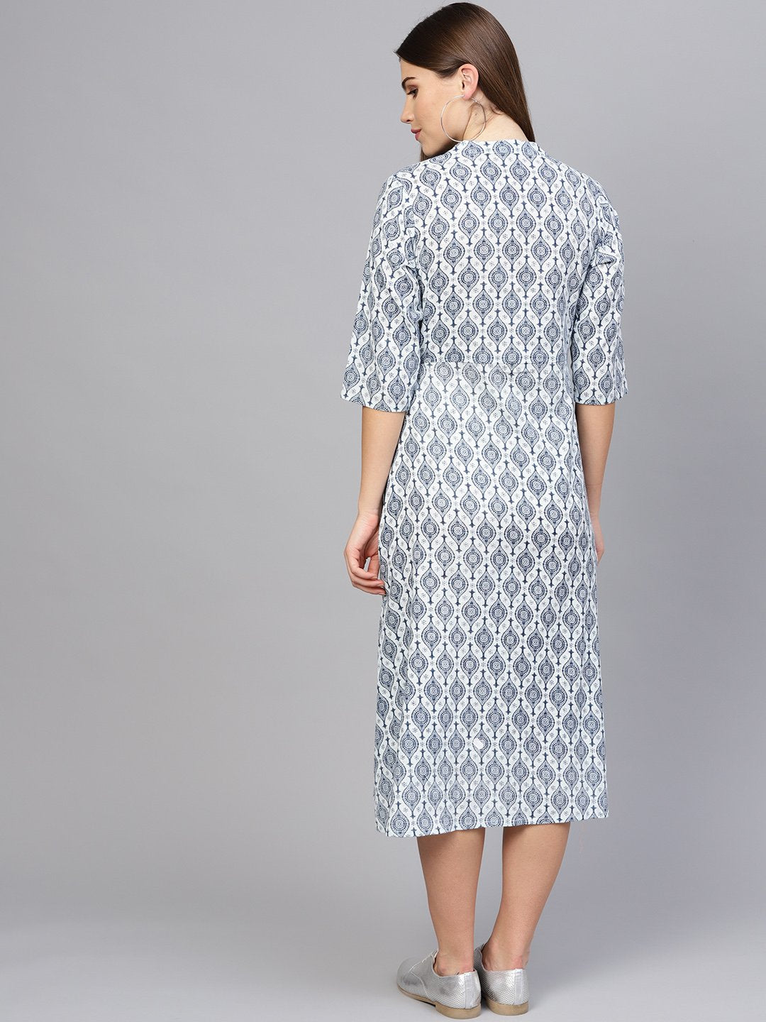 Women Navy Blue & Off-White Printed A-Line Dress | LASVINI - Redefining Indian Fashion with Elegance