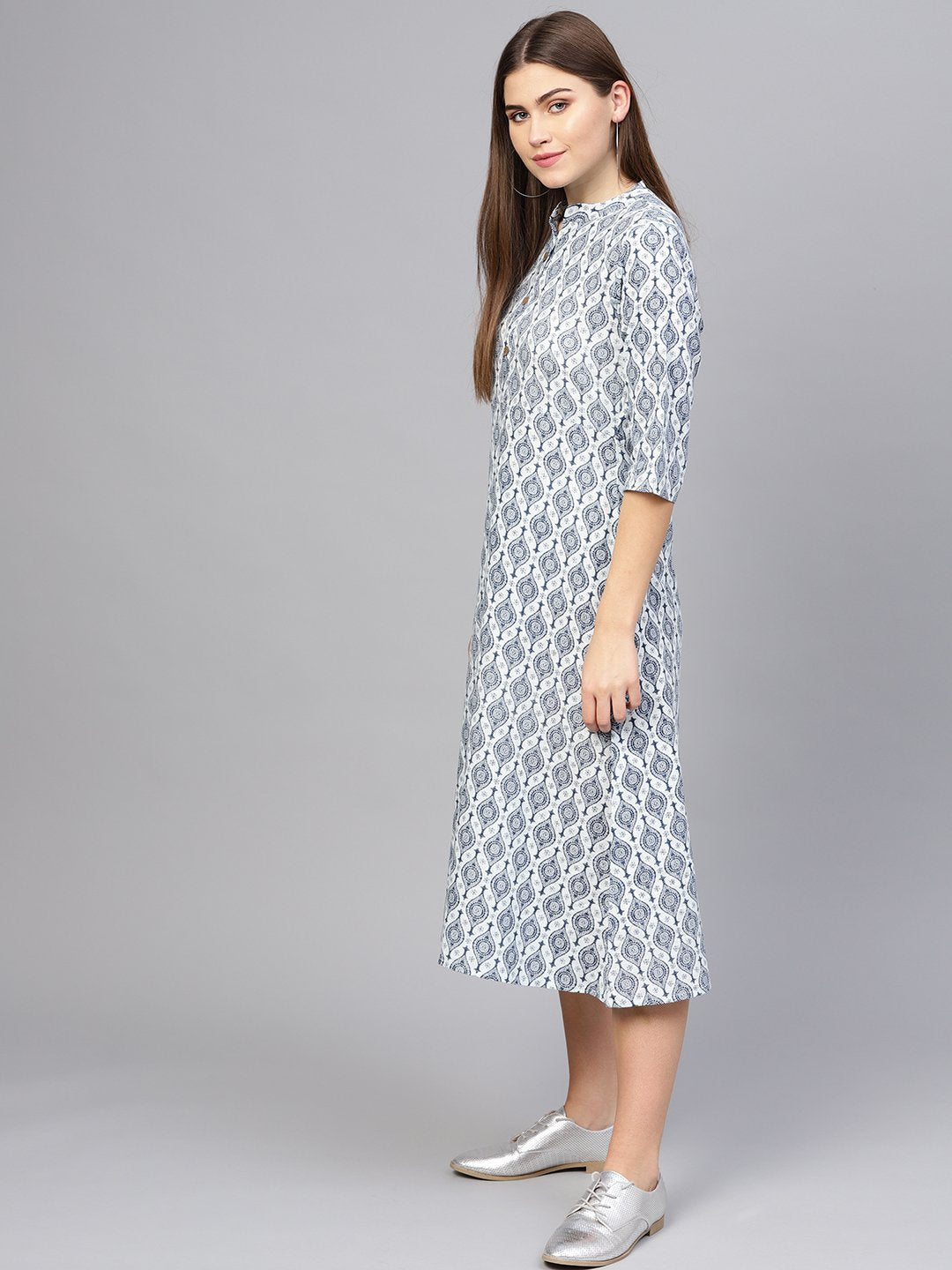 Women Navy Blue & Off-White Printed A-Line Dress | LASVINI - Redefining Indian Fashion with Elegance