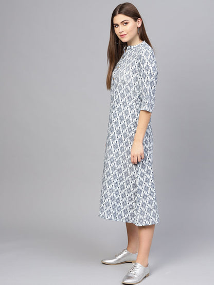 Women Navy Blue & Off-White Printed A-Line Dress | LASVINI - Redefining Indian Fashion with Elegance