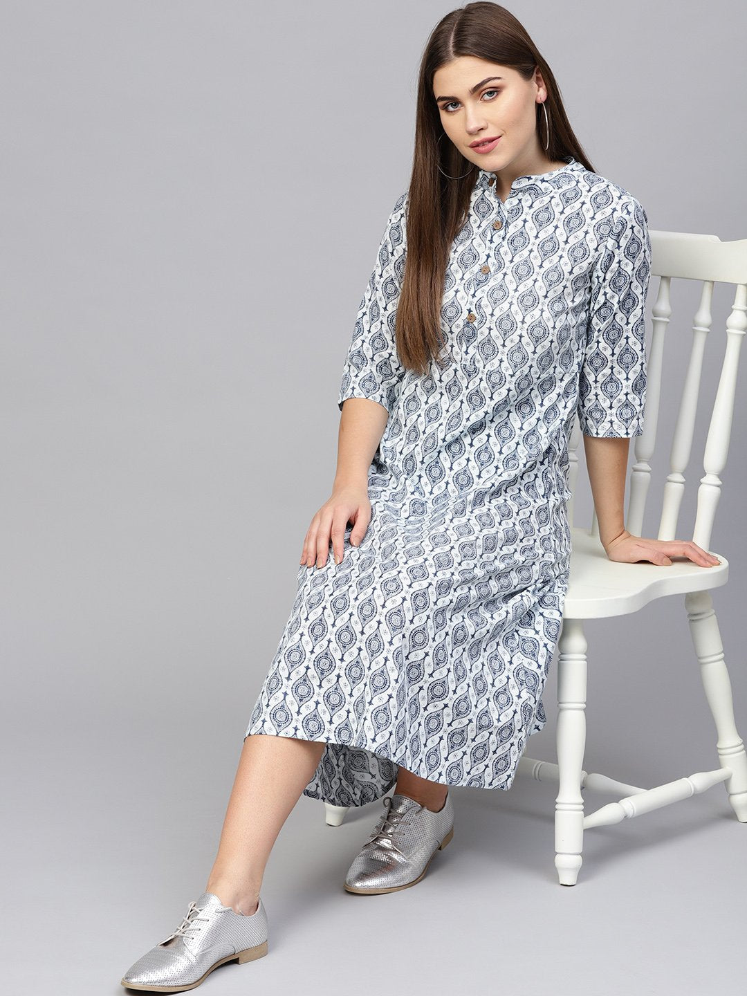 Women Navy Blue & Off-White Printed A-Line Dress | LASVINI - Redefining Indian Fashion with Elegance