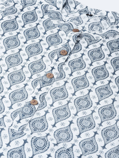 Women Navy Blue & Off-White Printed A-Line Dress | LASVINI - Redefining Indian Fashion with Elegance