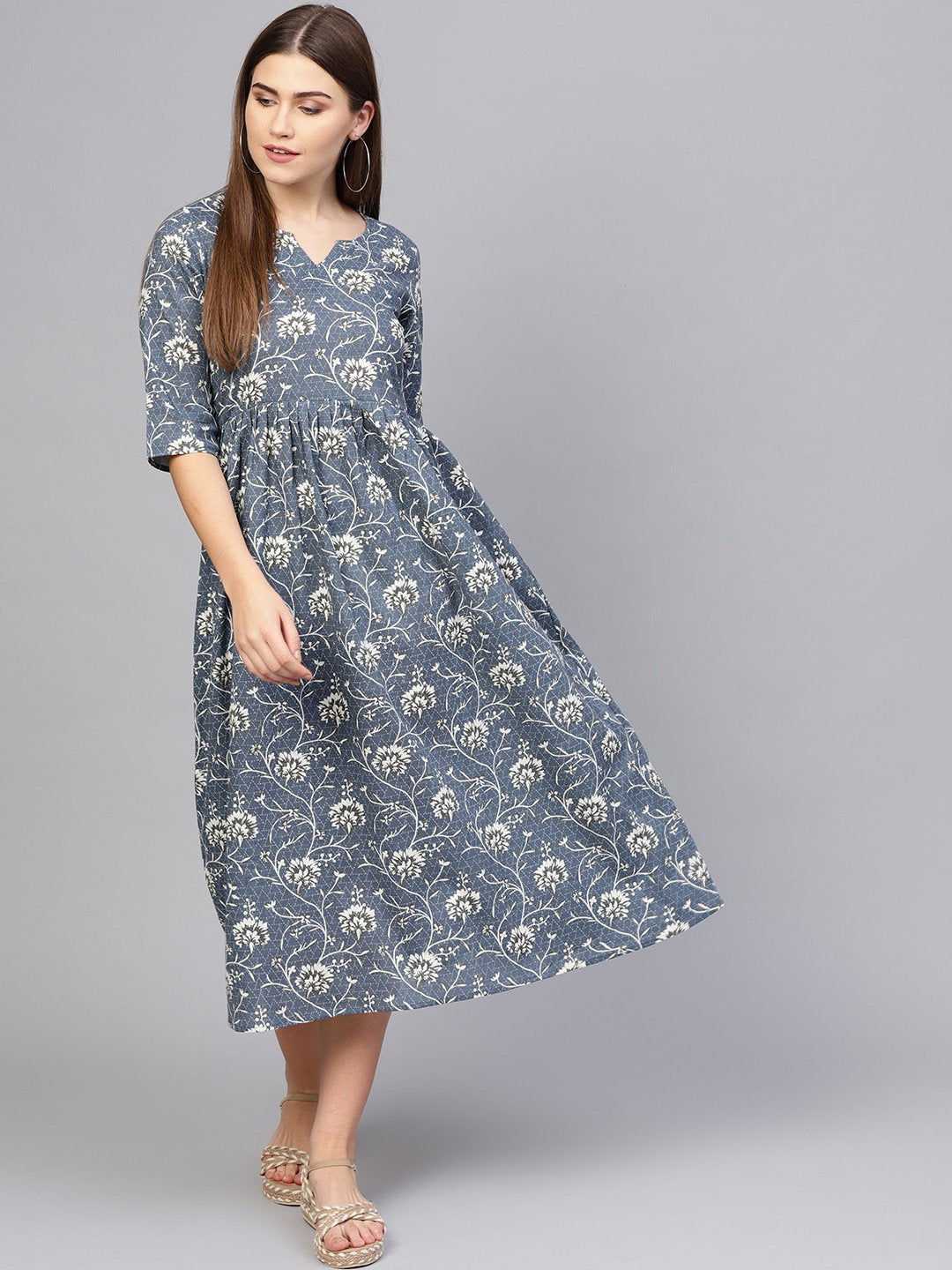Women Navy Blue & Off-White Printed A-Line Dress | LASVINI - Redefining Indian Fashion with Elegance