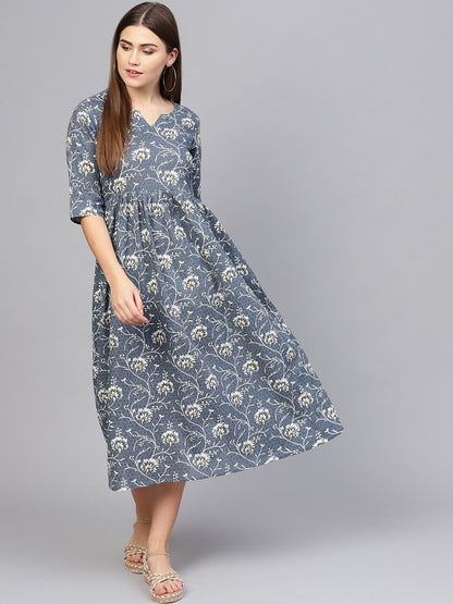 Women Navy Blue & Off-White Printed A-Line Dress | LASVINI - Redefining Indian Fashion with Elegance